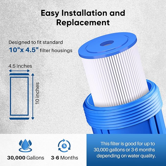 PUREPLUS 5 Micron 10" x 4.5" Whole House Pleated Sediment Filter for Well Water, Replacement Cartridge for GE FXHSC, Culligan R50-BBSA, Pentek R50-BB, DuPont WFHDC3001, W50PEHD, GXWH40L, 4Pack