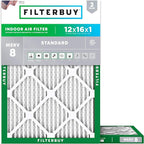 Filterbuy 12x16x1 Air Filter MERV 8 Essential Dust & Allergy Defense (2-Pack), Electrostatic Pleated HVAC AC Furnace Filters Replacement, Made in USA (Actual Size: 11.50 x 15.50 x 0.75)