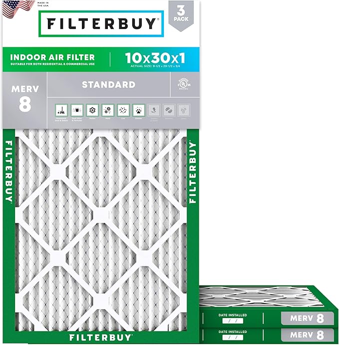 Filterbuy 10x30x1 Air Filter MERV 8 Essential Dust & Allergy Defense (3-Pack), Electrostatic Pleated HVAC AC Furnace Filters Replacement, Made in USA (Actual Size: 9.50 x 29.50 x 0.75)