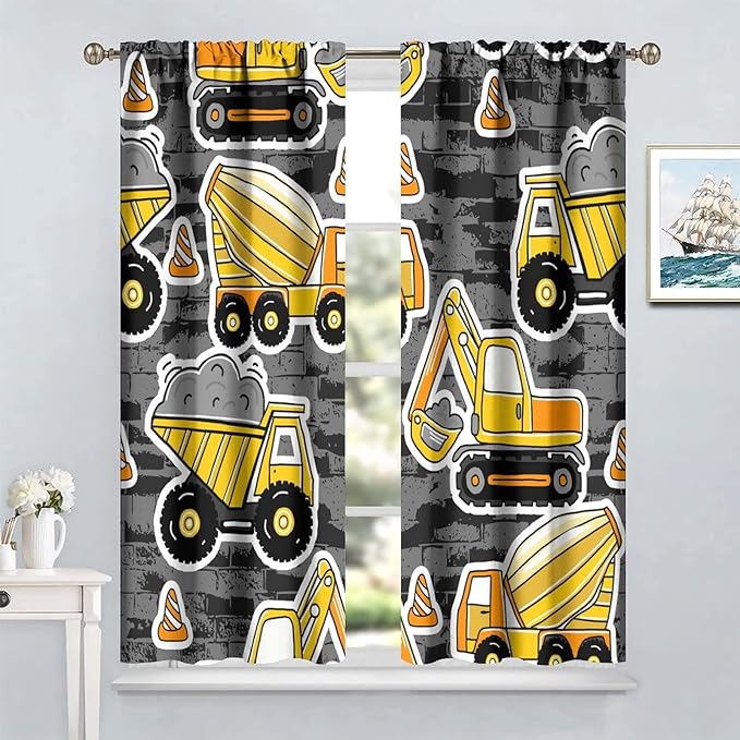 Kids Construction Excavator Window Curtains, Yellow Excavator Transporter Truck Cartoon Vehicles Rod Pocket Decorative Window Curtain for Children Teens Room 84x84in (30% Blackout)