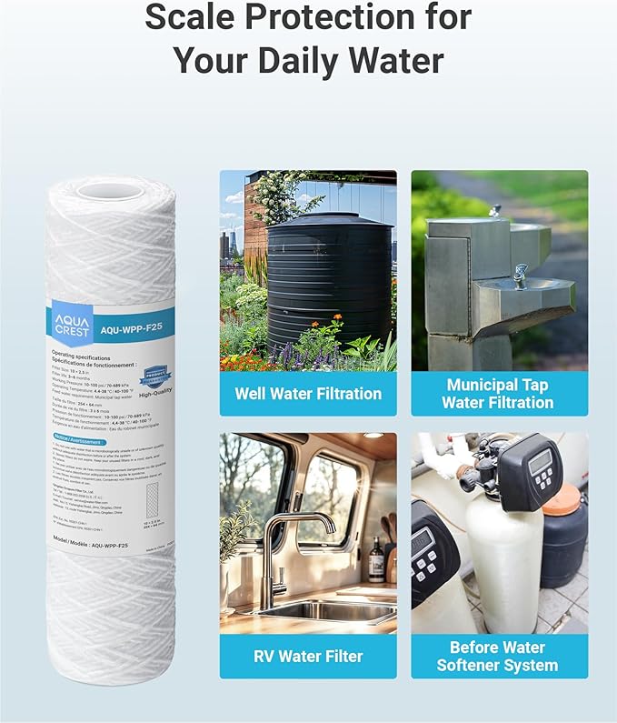 AQUA CREST AP110 5 Micron 10"x2.5" String Wound Whole House Water Filter Replacement for 3M® Aqua-Pure AP110, Culligan® P5, APEC, GE FXUSC, Whirlpool®, Any 10" x 2.5" Home Water Filter, Pack of 6