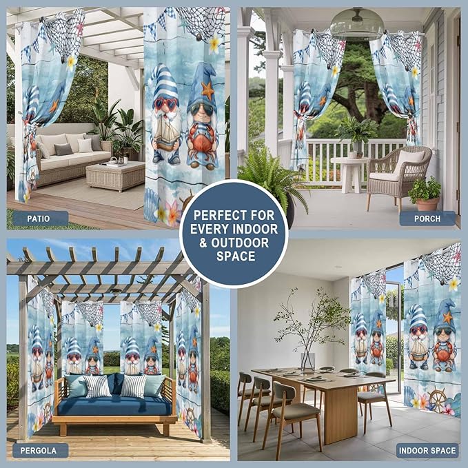Ocean Gnome Outdoor Curtains for Patio Summer Marine Plumeria Shell Wood Blue Waterproof Outside Curtains with Grommet Top Weatherproof Curtain for Cabana Pergola Gazebo, 1 Panel, 54" W x 95" L