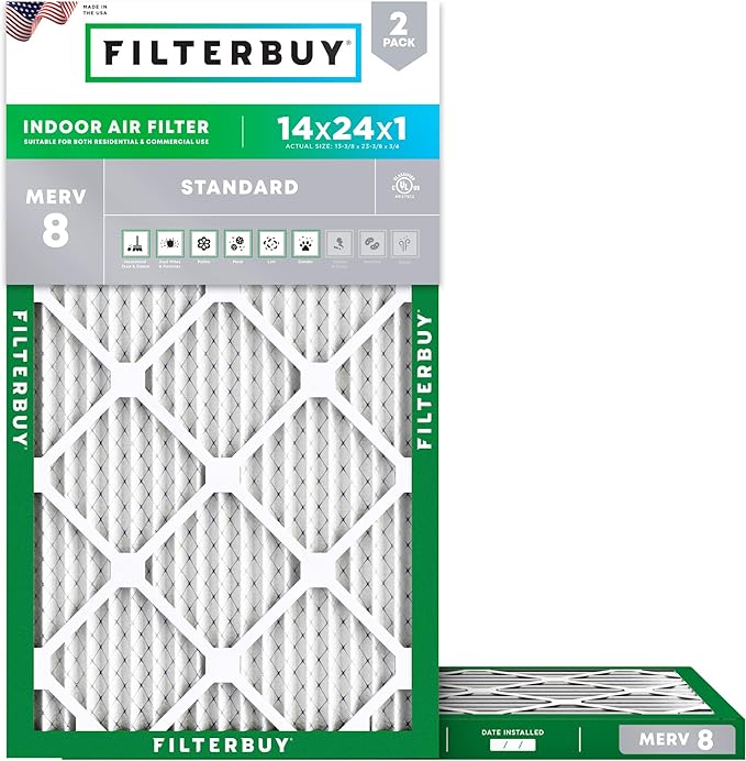 Filterbuy 14x24x1 Air Filter MERV 8 Essential Dust & Allergy Defense (2-Pack), Electrostatic Pleated HVAC AC Furnace Filters Replacement, Made in USA (Actual Size: 13.38 x 23.38 x 0.75)
