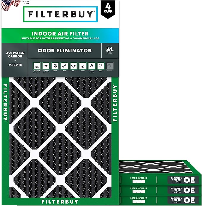 Filterbuy 12x24x1 Air Filter MERV 10 Odor & Allergy Defense with Activated Carbon (4-Pack), Electrostatic Pleated HVAC AC Furnace Filters Replacement, Made in USA (Actual Size: 11.50 x 23.50 x 0.75)