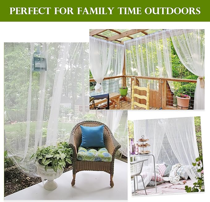 RYB HOME 2 Panels Porch Screen Mesh Outdoor Curtains Lightweight Mosquito Netting for Patio Gazebo Pool Hut Bug Garden Netting Size Adjustable, White, 118 inches Wide x 84 inches Long