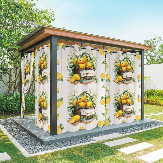 Lemon Outdoor Curtains for Patio Lemons Baskets Summer Tropical Plant Wood Waterproof Outside Curtains with Grommet Top Weatherproof Curtain for Cabana Pergola Gazebo, 2 Pack, 54" W x 84" L