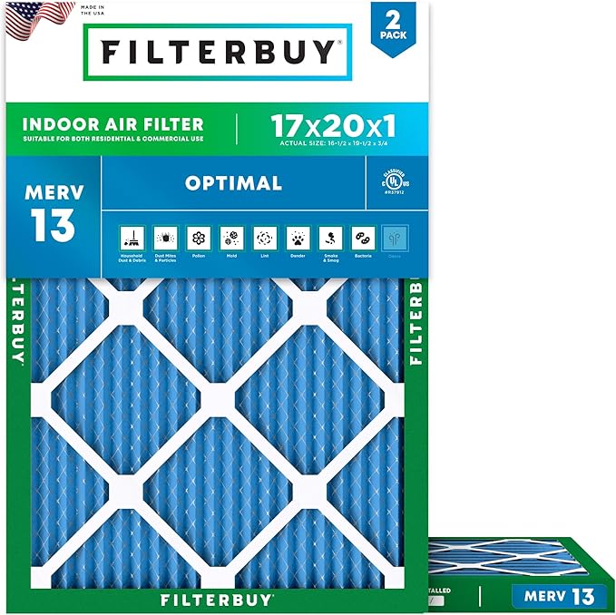 Filterbuy 17x20x1 Air Filter MERV 13 Optimal Smoke & Allergy Defense (2-Pack), Electrostatic Pleated HVAC AC Furnace Filters Replacement, Made in USA (Actual Size: 16.50 x 19.50 x 0.75)