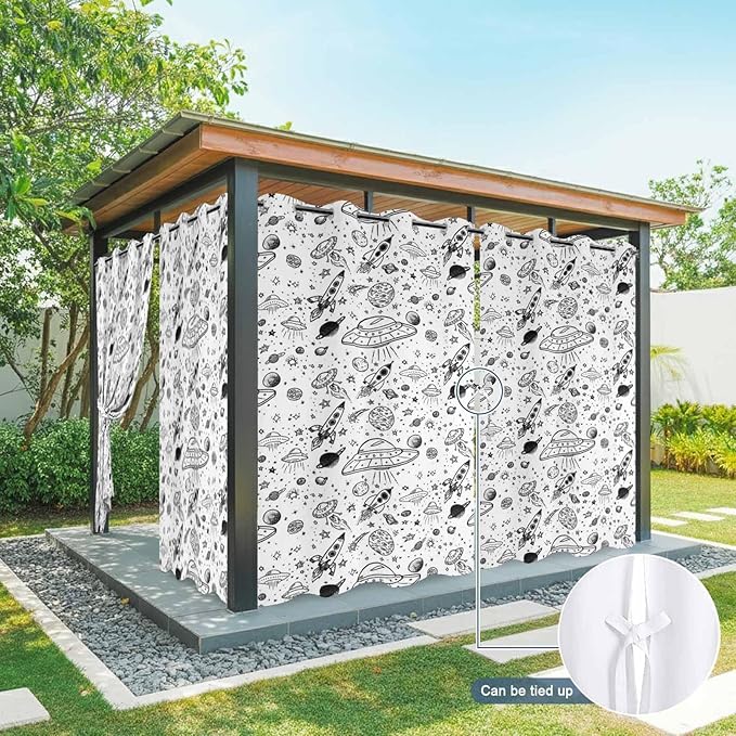 Cartoon Space Outdoor Curtains for Patio Rockets Astronauts Planets Black Waterproof Outside Curtains with Grommet Top Weatherproof Curtain for Cabana Pergola Gazebo, 1 Panel, 54" W x 95" L