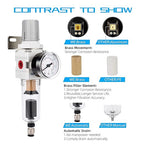 NANPU 1/4" NPT Compressed Air Filter Regulator Combo Piggyback, Auto Drain, 5 Micron Brass Element, Poly Bowl, Metal Bracket, 0-150 psi Gauge
