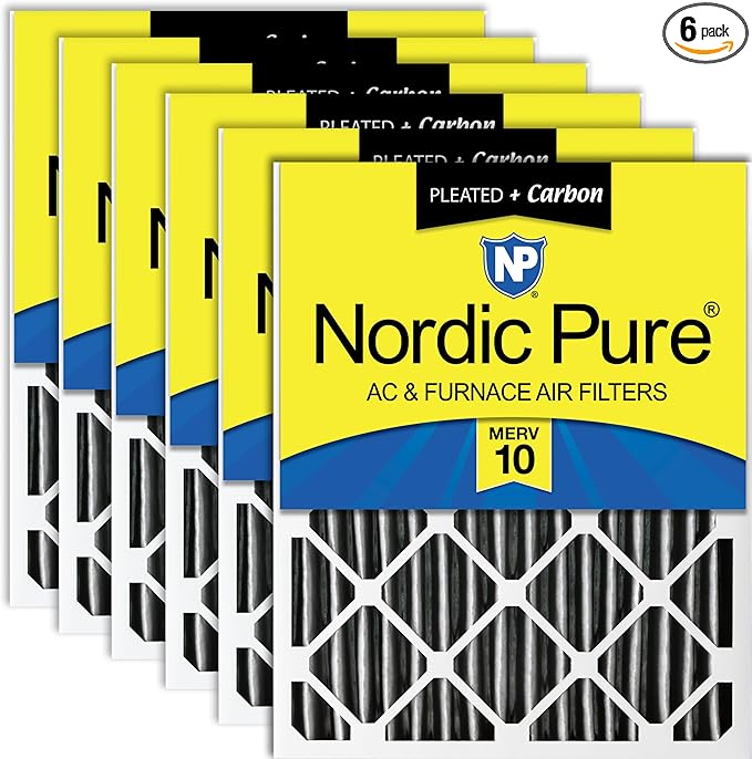 Nordic Pure 20x20x4 (Actual Size: 19 1/2 x 19 1/2 x 3 5/8) Furnace Air Filters MERV 10 Pleated + Carbon 6 Pack
