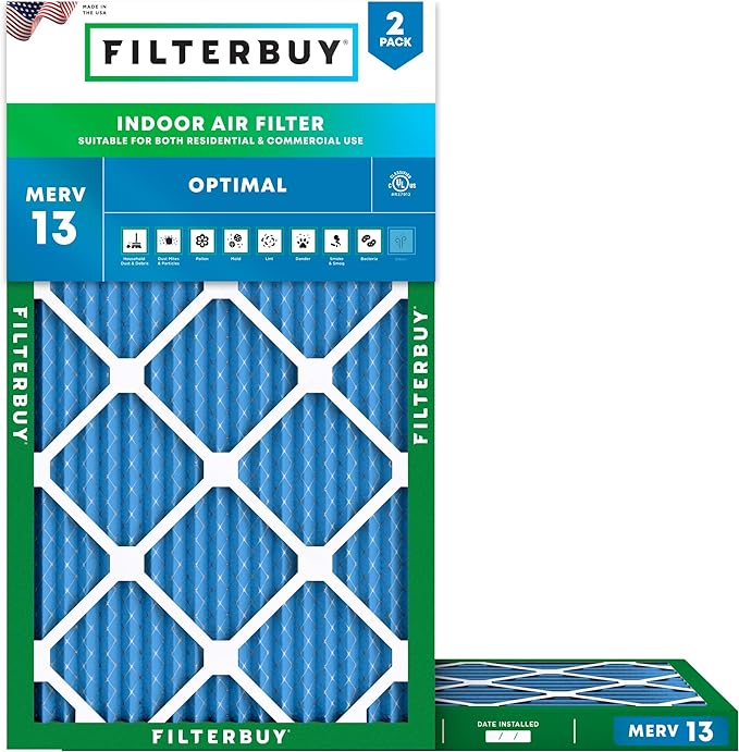 Filterbuy 8x30x1 Air Filter MERV 13 Optimal Smoke & Allergy Defense (2-Pack), Electrostatic Pleated HVAC AC Furnace Filters Replacement, Made in USA (Actual Size: 7.50 x 29.50 x 0.75)