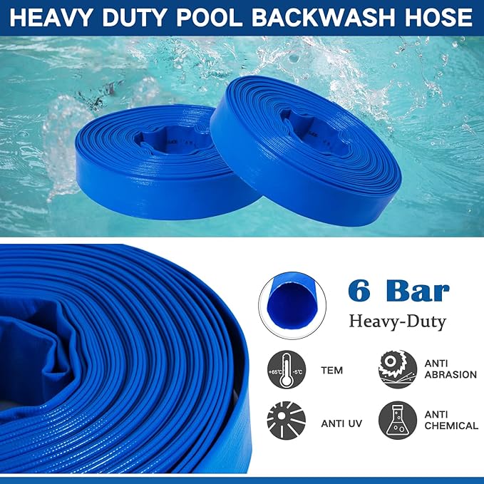 Eastrans 1 1/2 in x 100 ft Pool Backwash Hose Kit with Female NPT Adapter,Heavy Duty Discharge Pump Hose for Swimming Pool,Reinforced Pool Drain Hose with 2 Clamps and Thread Seal Tape,6 Bar