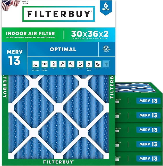 Filterbuy 30x36x2 Air Filter MERV 13 Optimal Smoke & Allergy Defense (6-Pack), Electrostatic Pleated HVAC AC Furnace Filters Replacement, Made in USA (Actual Size: 29.81 x 35.81 x 1.75)