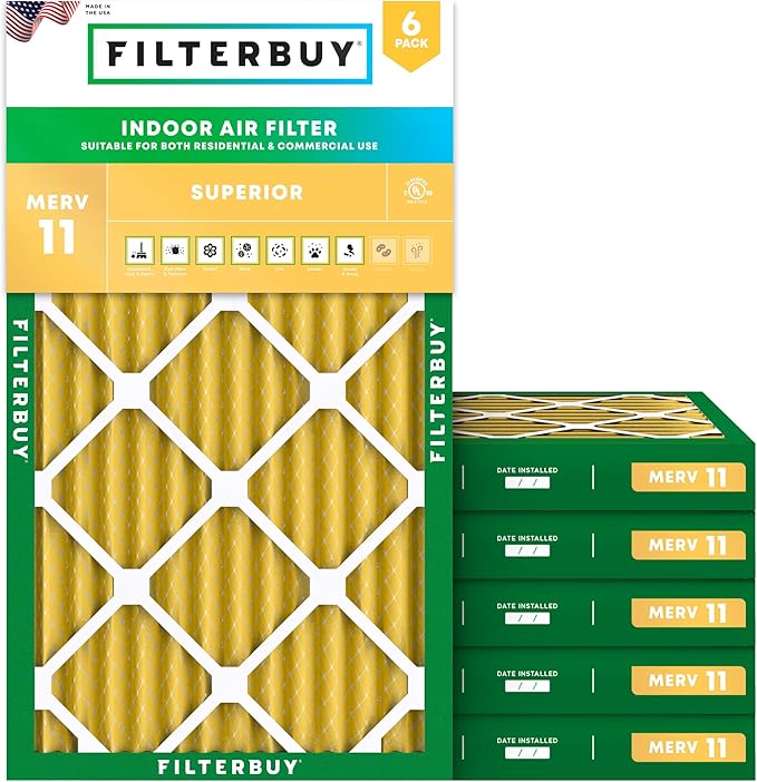 Filterbuy 12x20x2 Air Filter MERV 11 Superior Pet & Allergy Defense (6-Pack), Electrostatic Pleated HVAC AC Furnace Filters Replacement, Made in USA (Actual Size: 11.50 x 19.50 x 1.75)
