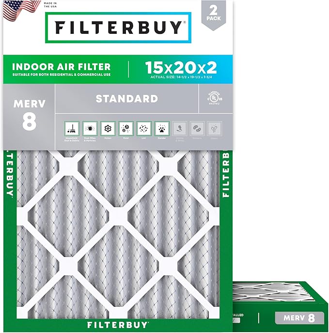 Filterbuy 15x20x2 Air Filter MERV 8 Essential Dust & Allergy Defense (2-Pack), Electrostatic Pleated HVAC AC Furnace Filters Replacement, Made in USA (Actual Size: 14.50 x 19.50 x 1.75)