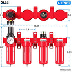TAILONZ PNEUMATIC 1/4 Inch NPT 0-150 PSI Red Industrial Grade 4 Stage Air Drying System, Double Particulate Filter, Coalescing Filte,Desiccant Dryer and Air Regulator Manual Drainage