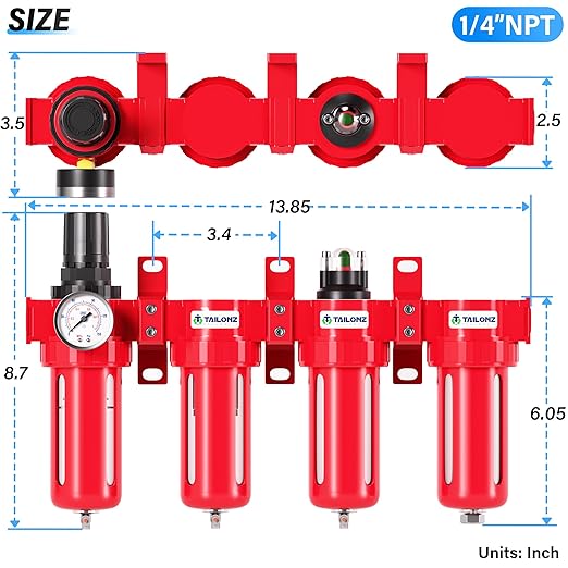 TAILONZ PNEUMATIC 1/4 Inch NPT 0-150 PSI Red Industrial Grade 4 Stage Air Drying System, Double Particulate Filter, Coalescing Filte,Desiccant Dryer and Air Regulator Manual Drainage
