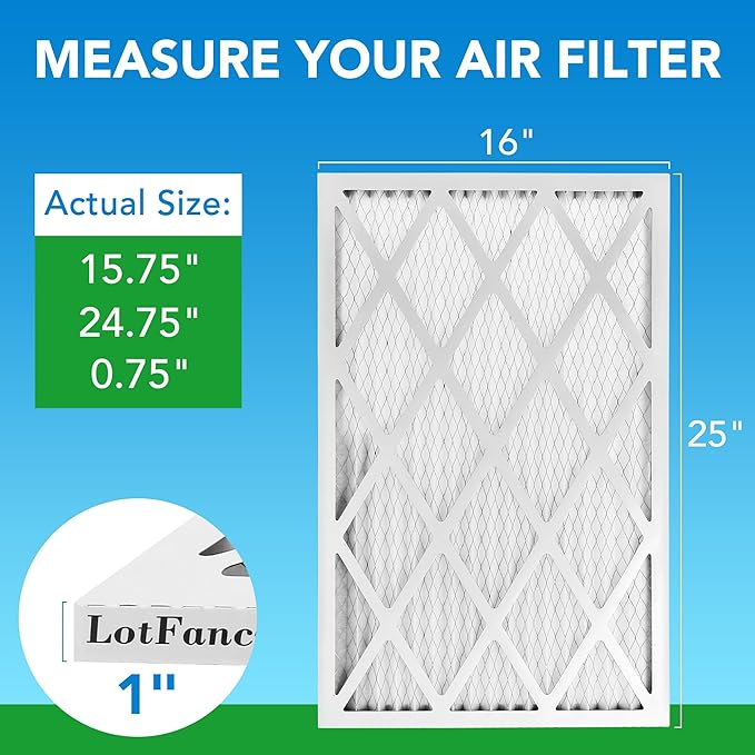 LotFancy 16x25x1 Air Filter MERV 8 6-Pack, Electrostatic Pleated Furnace & AC Filter, Captures Dust, Pet Hair, Pollen, Actual Size: 15.75"x24.75"x0.75"