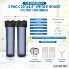 Max Water 20" x 4.5" Whole House Water Filter Housing – Fits Standard Large Blue Filters – 1 inch Inlet/Outlet Ports with Pressure Gauge Wrench and Bracket (2 Housing + 2 Pressure Gauge)