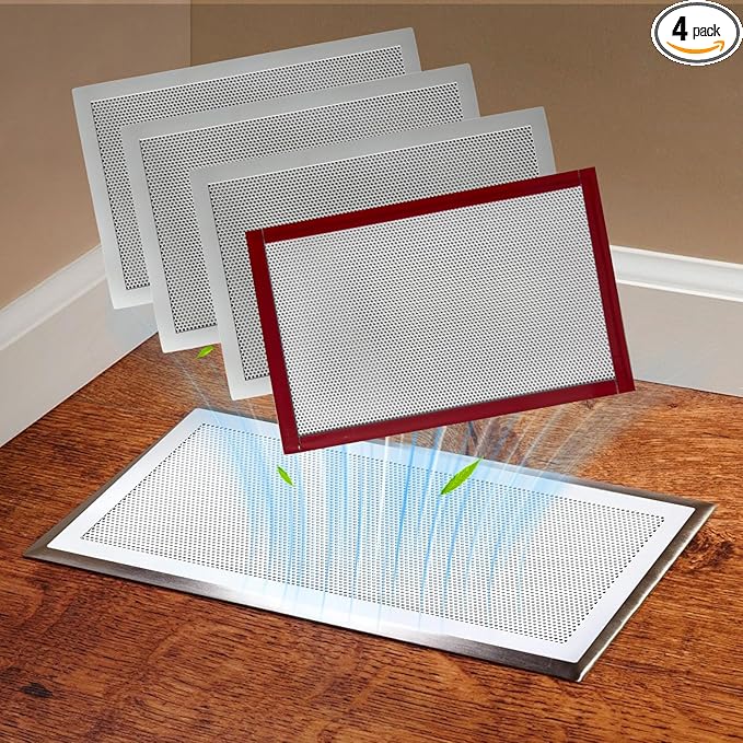 4 Packs Floor Register Vent Cover, 7"x13" Sticky Air Vent Screen Mesh Covers with Non-Magnetic Adhesive PET Gel - Securely Attaches to Plastic, Wood, Stone & More (White)