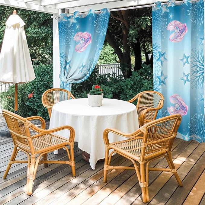 Ocean Shell Outdoor Curtains for Patio Corals Starfish Summer Marine Waterproof Outside Curtains with Grommet Top Weatherproof Curtain for Cabana Pergola Gazebo, 2 Pack, 54" W x 95" L