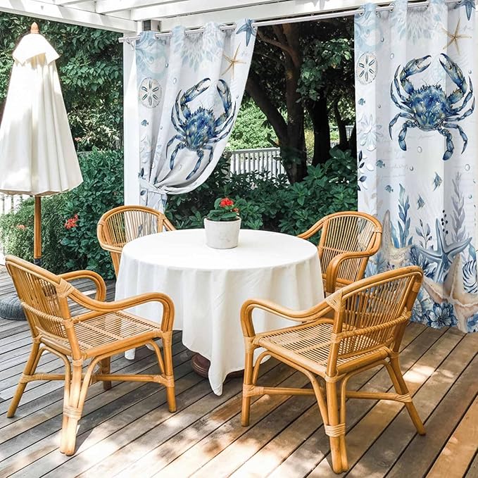 Oceans Outdoor Curtains for Patio Crabs Marine Life Shell Starfish Blue Waterproof Outside Curtains with Grommet Top Weatherproof Curtain for Cabana Pergola Gazebo, 2 Pack, 54" W x 108" L