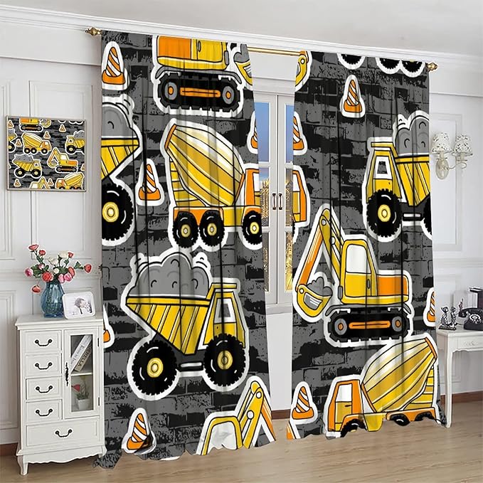 Kids Construction Excavator Window Curtains, Yellow Excavator Transporter Truck Cartoon Vehicles Rod Pocket Decorative Window Curtain for Children Teens Room 63x72in (30% Blackout)
