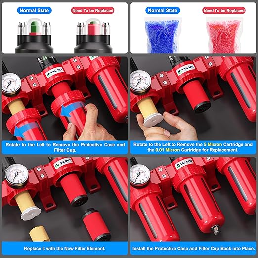 TAILONZ PNEUMATIC 0-150PSI 1/2 Inch NPT Aluminum Alloy Industrial Grade Three Stage Air Drying System, Particulate Filter, Coalescing Filter, Desiccant Dryer and Air Regulator (Manual Drainage)