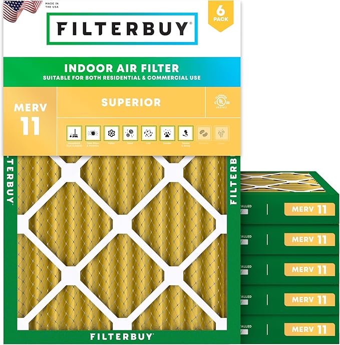 Filterbuy 15x20x2 Air Filter MERV 11 Superior Pet & Allergy Defense (6-Pack), Electrostatic Pleated HVAC AC Furnace Filters Replacement, Made in USA (Actual Size: 14.50 x 19.50 x 1.75)