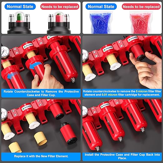 TAILONZ PNEUMATIC 1/4 Inch NPT 0-150 PSI Red Industrial Grade 4 Stage Air Drying System, Double Particulate Filter, Coalescing Filte,Desiccant Dryer and Air Regulator Manual Drainage
