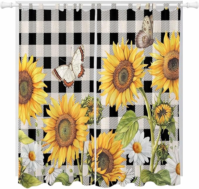 Sunflowers Living Room Curtains 96 Inch Length, Window Curtains Tab Top, Yellow Flowers Butterfly Farmhouse Black Plaid Light Filtering Window Treatments Drapes 52"x96" 2 Panel