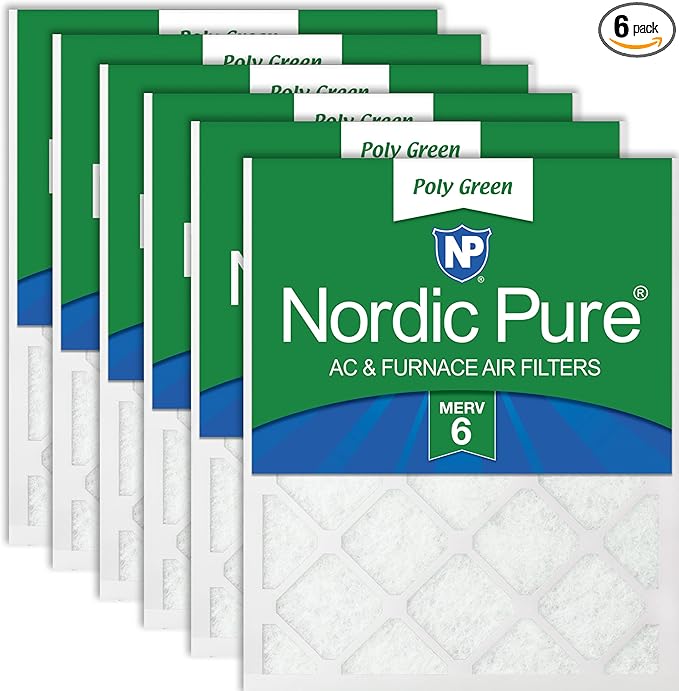 Nordic Pure 16x30x1 (Actual Size: 15 3/4 x 29 11/16 x 3/4) Poly Green MERV 6 AC Furnace Air Filters – Reduces Dust, Pollen, Pet Dander & Allergens – 6-Pack