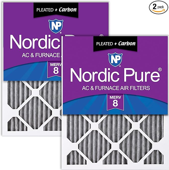 Nordic Pure 20x25x1 (19 1/2 x 24 1/2 x 3/4) Furnace Air Filters MERV 8 Pleated Plus Carbon 2 Pack