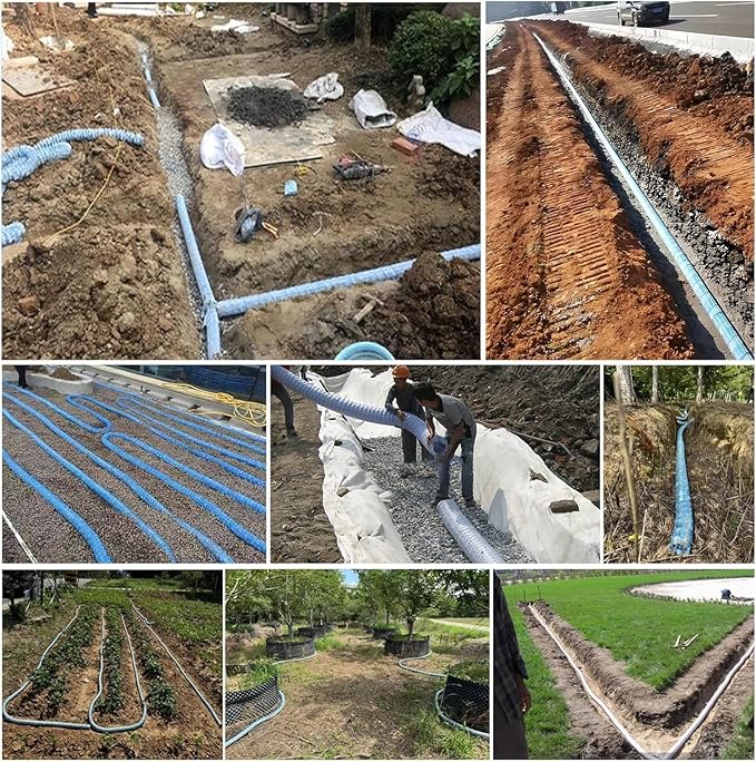 French Drain Pipe for Lawn, 2" 3" 4" 6" Corrugated Perforated Drains Pipes 3 5 12 25 50 100 Ft- Soil Infiltration Ground Water Drainage(Blue-Dia 10cm(4in),L 120ft)