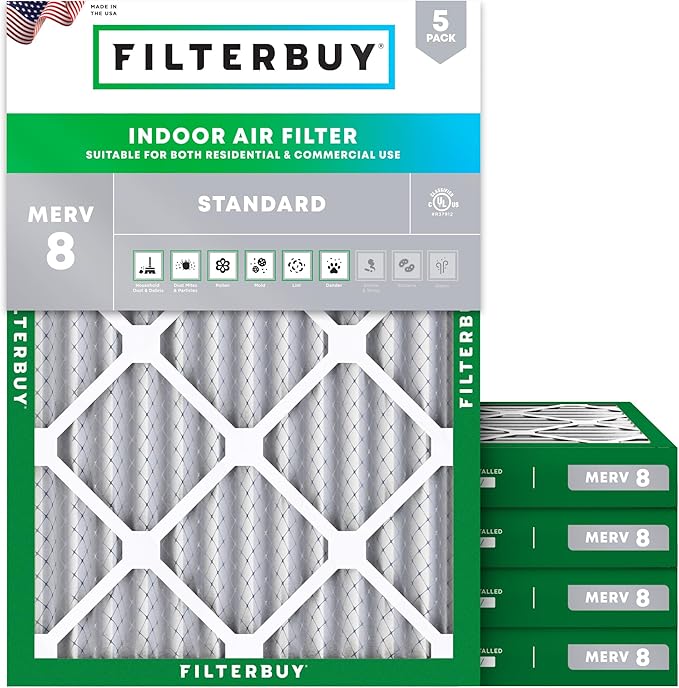 Filterbuy 14x20x2 Air Filter MERV 8 Essential Dust & Allergy Defense (5-Pack), Electrostatic Pleated HVAC AC Furnace Filters Replacement, Made in USA (Actual Size: 13.50 x 19.50 x 1.75)