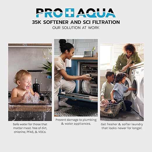 PRO+AQUA PRO-SCI-S35E Whole House Water Filter & Softener Bundle | 35,000 Grain Capacity, Removes Chlorine, Sediment, VOCs, Calcium, Magnesium, & More | Perfect for 2–3 bathrooms | Premium Durability