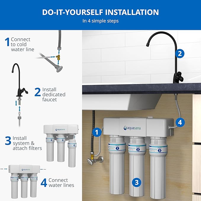 Aquasana Under Sink Water Filter | Certified 3-Stage Max Flow Filtration | Reduces up to 99.99% of PFAS, Lead, Chlorine, & More | Under Counter Drinking Water Filter | Matte Black Faucet | AQ-6300M-MB
