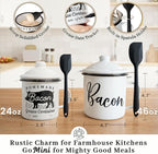 Bacon Grease Container with Strainer - With Food-Grade Silicone Spatula, 24oz Enamel Rustic Farmhouse Fat Container, Keeper, Recipes, Dishwasher Safe