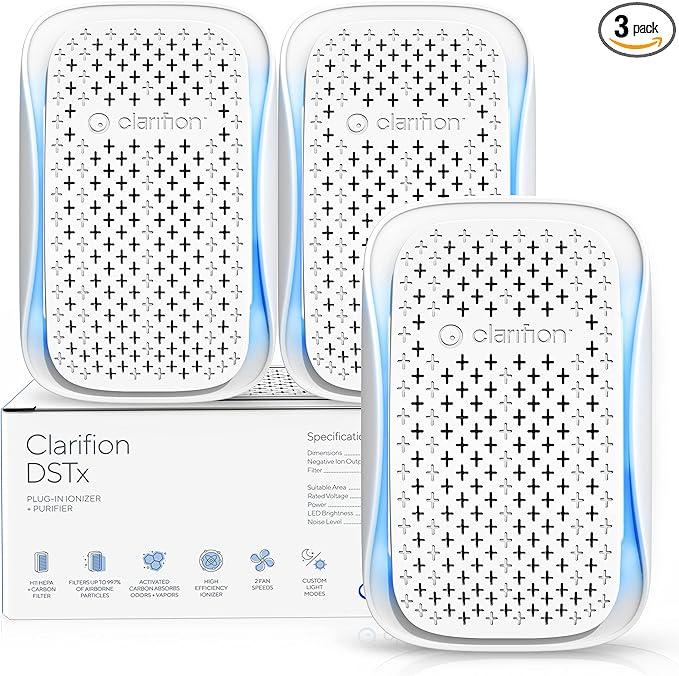 Clarifion - DSTx 2.0 Portable Air Purifier (3 Pack) - Plug In Air Ionizer HEPA Air Filter, Mini Personal Air Purifiers For, Bedroom and Pets Helps With Dust, Smoke, Airborne Dust and Odors