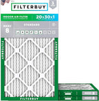 Filterbuy 20x30x1 Air Filter MERV 8 Essential Dust & Allergy Defense (3-Pack), Electrostatic Pleated HVAC AC Furnace Filters Replacement, Made in USA (Actual Size: 19.63 x 29.63 x 0.75)