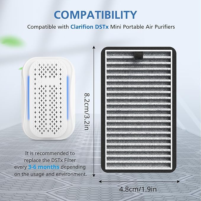 For DSTx HEPA + Carbon Filters Replacement Compatible with Clarifion DSTx Mini Personal Portable Air Purifiers for Home, Bedroom and Pets, Works for Dust, Smoke,Odors and Airborne Particles, 4 Pack