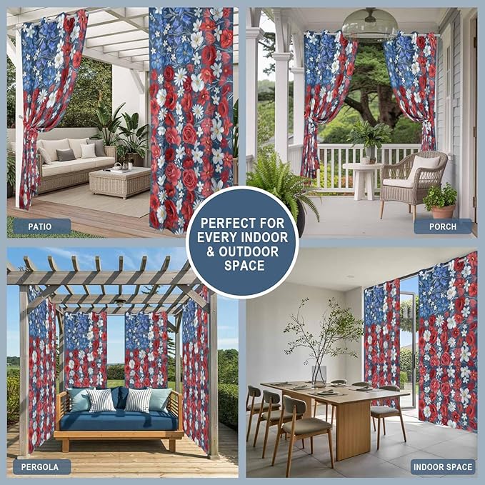 4th of July Outdoor Curtains for Patio Patriotic Flowers Farmhouse Red Waterproof Outside Curtains with Grommet Top Weatherproof Curtain for Cabana Pergola Gazebo, 1 Panel, 54" W x 95" L