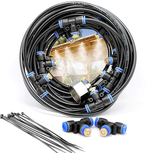 iRuiZhe Misting Cooling System Kit 26.2FT(8M) MistingLine DIY Outdoor Mist Cooling Kit +11 Brass Nozzles Garden Misting Irrigation System for Garden Greenhouse, Flower Bed,Patio,Lawn