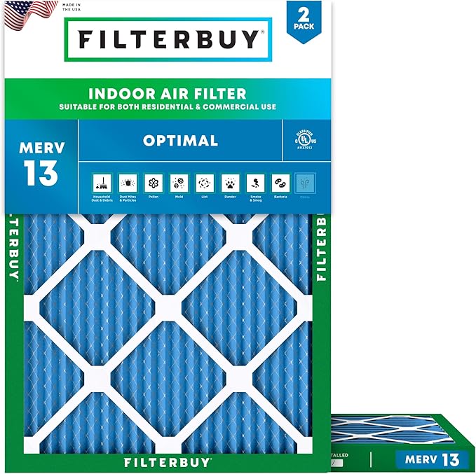 Filterbuy 17.5x23.5x1 Air Filter MERV 13 Optimal Smoke & Allergy Defense (2-Pack), Electrostatic Pleated HVAC AC Furnace Filters Replacement, Made in USA (Actual Size: 17.38 x 23.38 x 0.75)