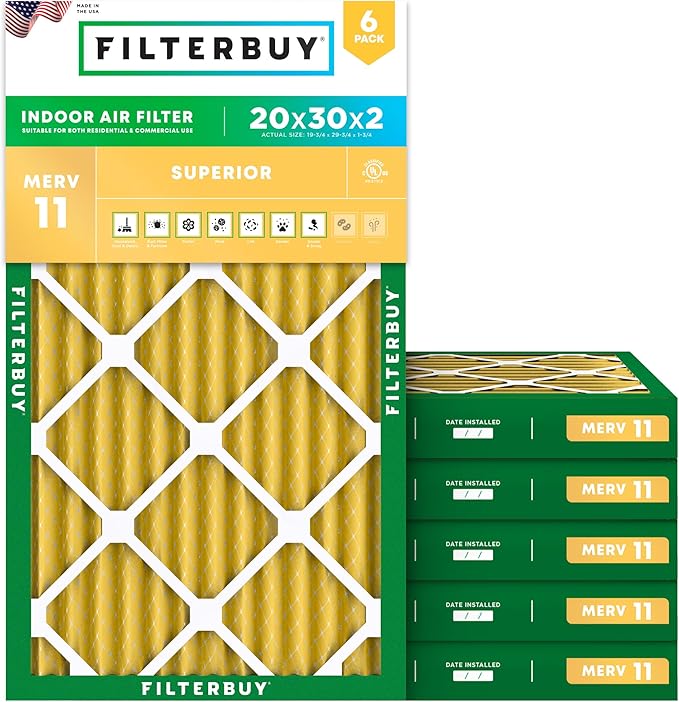Filterbuy 20x30x2 Air Filter MERV 11 Superior Pet & Allergy Defense (6-Pack), Electrostatic Pleated HVAC AC Furnace Filters Replacement, Made in USA (Actual Size: 19.75 x 29.75 x 1.75)