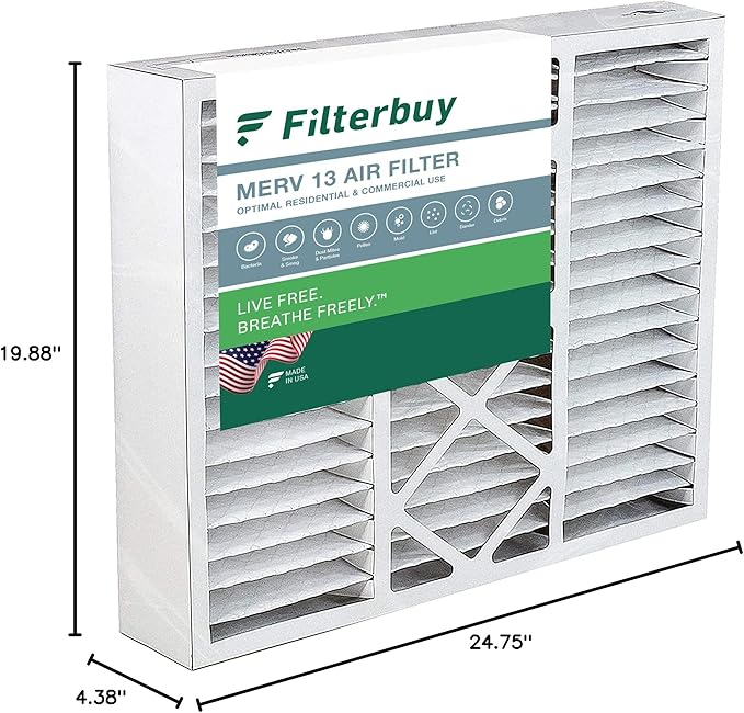 Filterbuy 20x25x5 Air Filter MERV 13 Optimal Smoke & Allergy Defense (1-Pack), Pleated HVAC AC Furnace Filters for Honeywell FC100A1037, Lennox X6673, and More (Actual Size: 19.88 x 24.75 x 4.38)