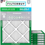 Filterbuy 24x25x1 Air Filter MERV 8 Essential Dust & Allergy Defense (6-Pack), Electrostatic Pleated HVAC AC Furnace Filters Replacement, Made in USA (Actual Size: 23.88 x 24.88 x 0.75)