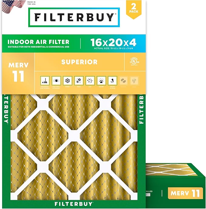 Filterbuy 16x20x4 Air Filter MERV 11 Superior Pet & Allergy Defense (2-Pack), Electrostatic Pleated HVAC AC Furnace Filters Replacement, Made in USA (Actual Size: 15.50 x 19.50 x 3.63)