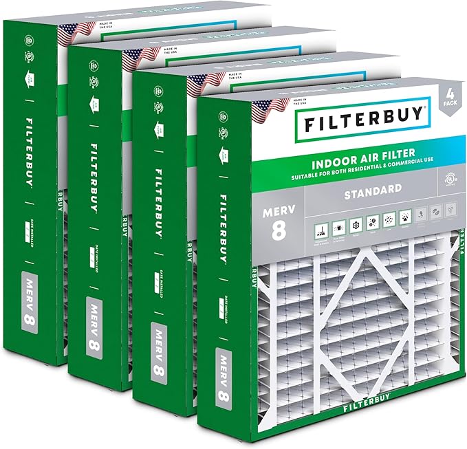 Filterbuy 24x25x5 Air Filter MERV 8 Essential Dust & Allergy Defense (4-Pack), Electrostatic Pleated HVAC AC Furnace Filters for Carrier FILXXCAR0024, Maytag & More (Actual Size: 23.63 x 24.69 x 4.25)