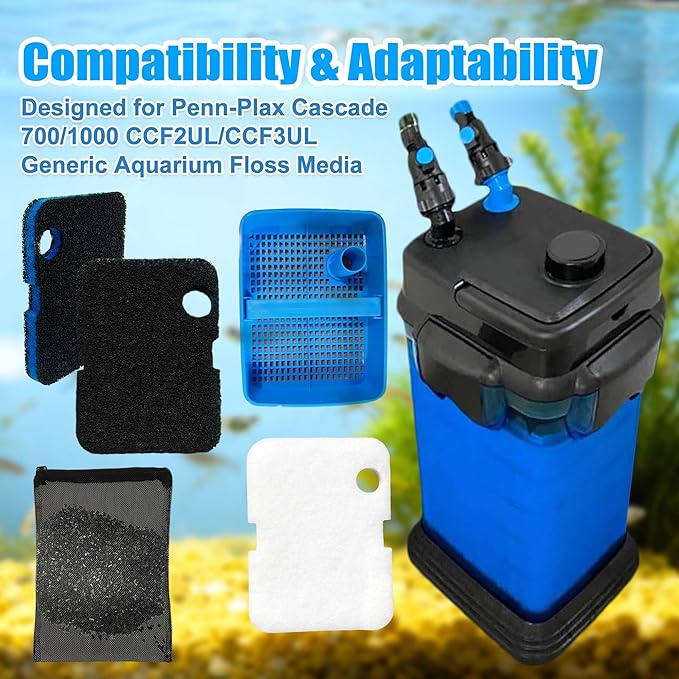10PCS Replacement Filter Kit for Cascade 700/1000 CCF2UL/CCF3UL Aquarium Floss Media, 2 Upgraded Carbon-Coarse-Activated Carbon Filter Pads, 6 White Floss, 2 Activated Carbon Bags